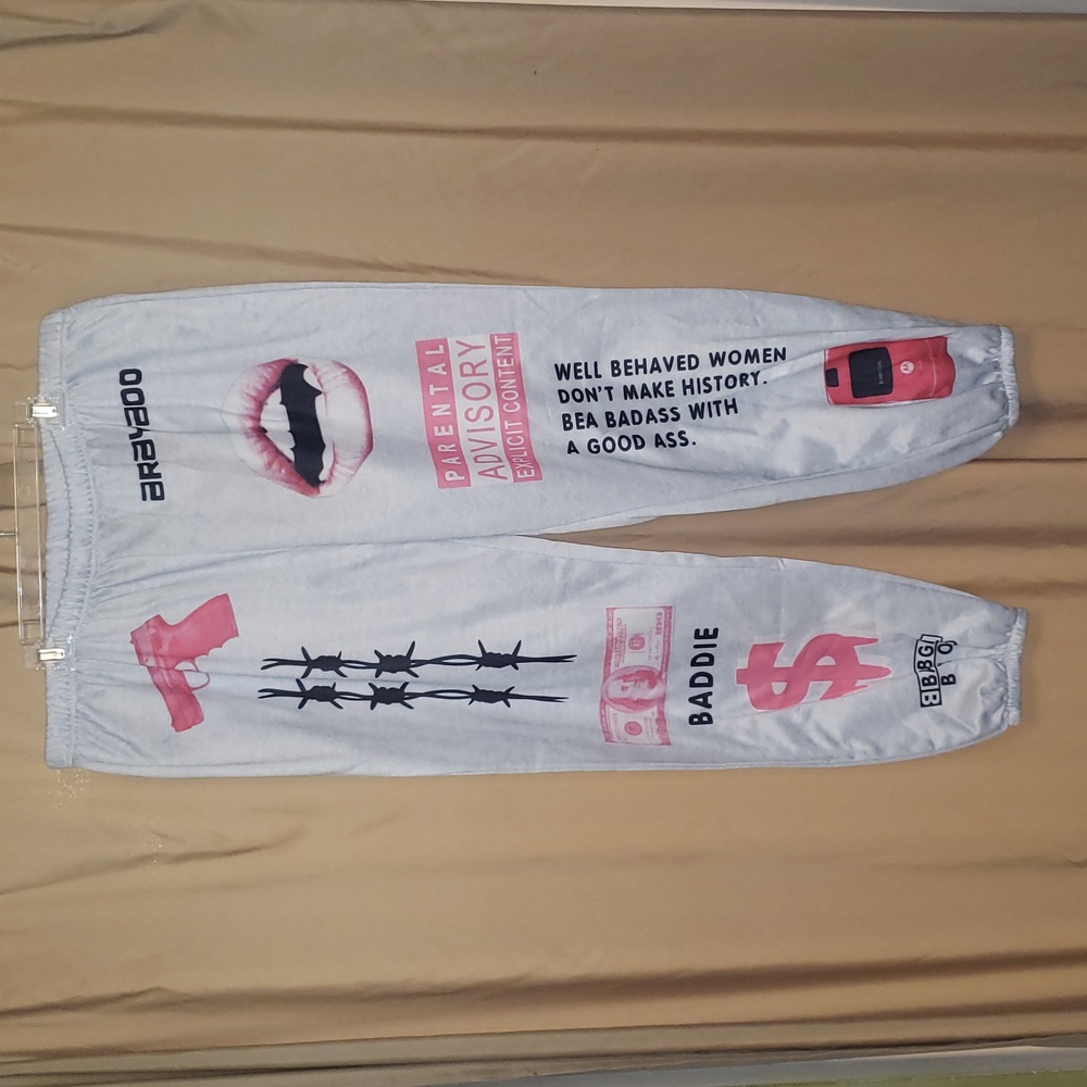 Women graphic gray jogging pants. Pink, black Sz 5XL